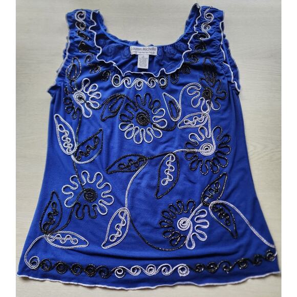 TOP-LAUREN MICHELLE-Royal Blue-Metallic Detail-Sleeveless-Ruffled-Size Medium - Picture 10 of 16